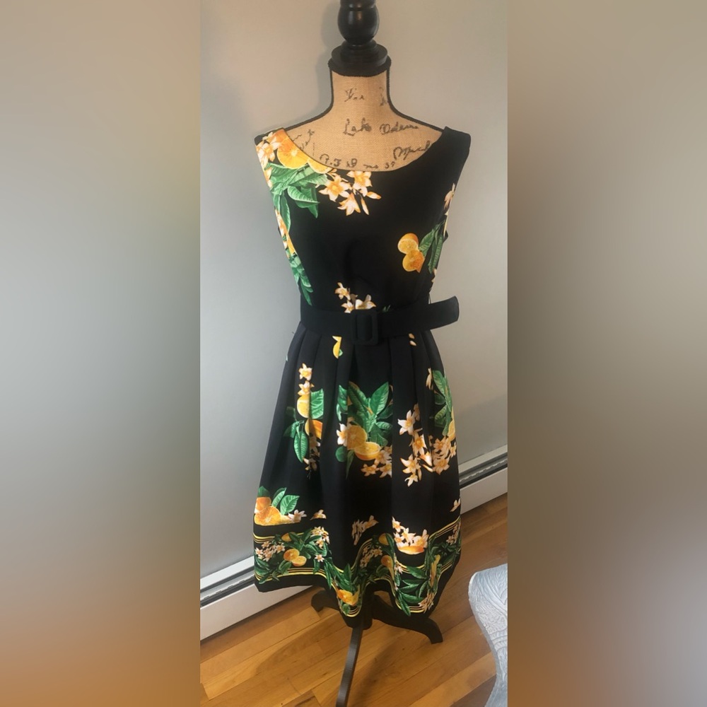 NY&CO EVA MENDES BOATNECK BELT WAIST BLACK ORANGE FLORAL CITRUS FRUIT MIDI DRESS